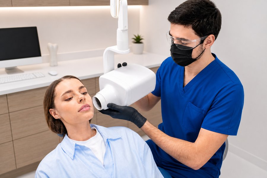Dental assistant positioning an intraoral X-ray tube head at the chair