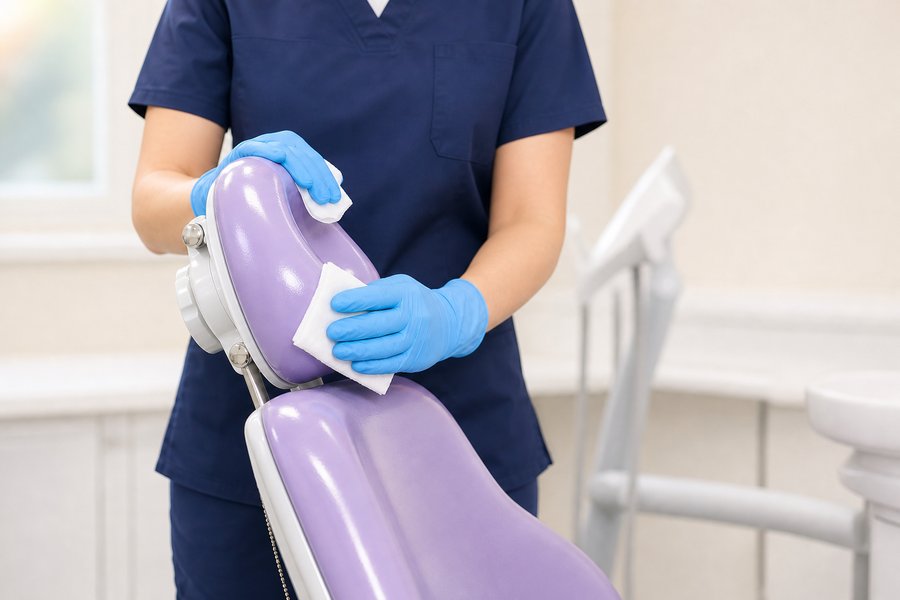 Dental assistant positioning an intraoral X-ray tube head at the chair